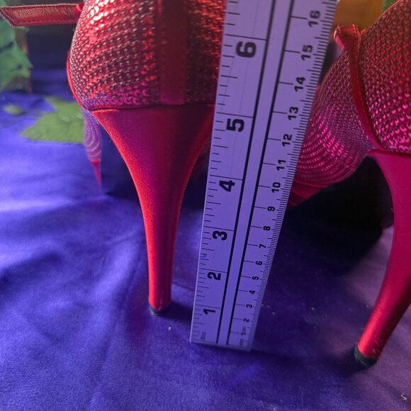 📌Michael Adelia Red Sparkle 5" High Heel Open Toe Pumps w/Straps  Worn Once 10M - Picture 6 of 15